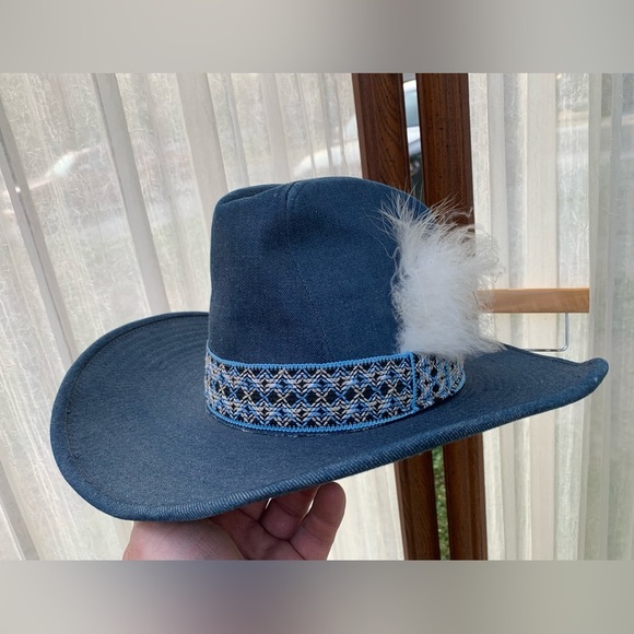 Vintage 1970’s YA Blue Denim Jean Cowboy Hat Size L Dark Wash Western 7 1/4 3/8 - Picture 1 of 9